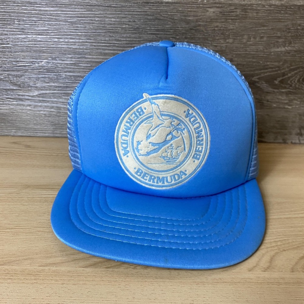 Vintage Bermuda Hat Cap Snap Back Blue Mesh Trucker Souvenir Mens 80s Travel